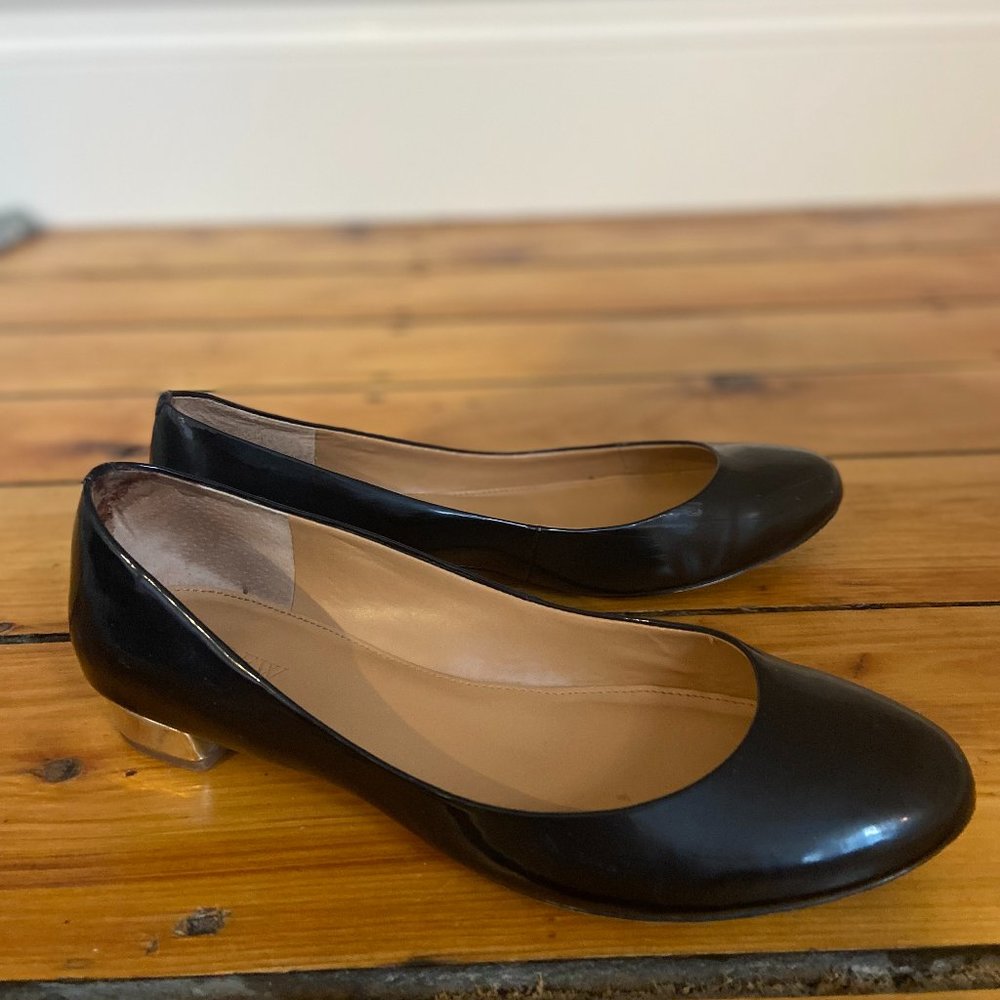 Black and gold patent metallic heel ballet flats, J. Crew